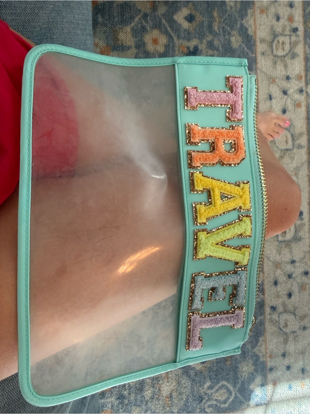 Clear Mint Travel Pouch with Multicolor Lettering